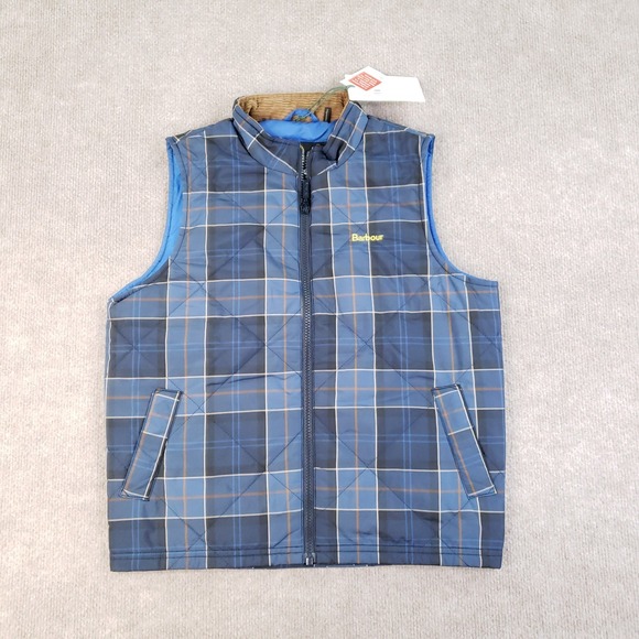 Barbour Finn Gilet Vest Boys XL 12/13 Blue Plaid Full Zip Quilted Pockets